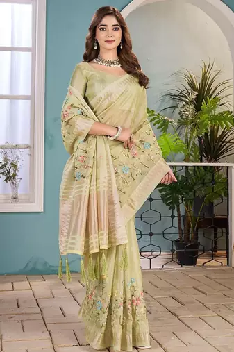 light_lime floral zari silk blend tussar saree