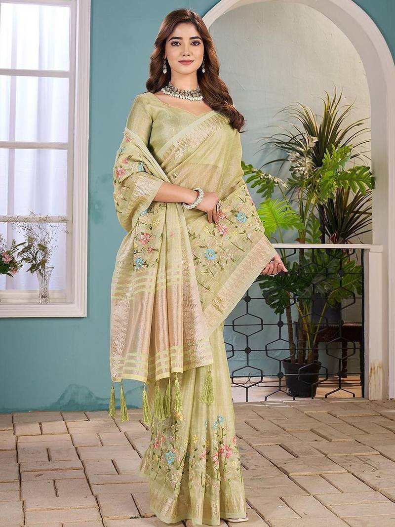 light_lime floral zari silk blend tussar saree