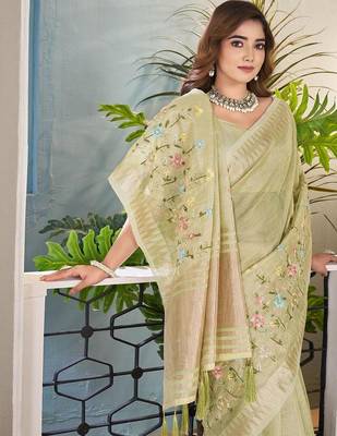 light_lime floral zari silk blend tussar saree 4
