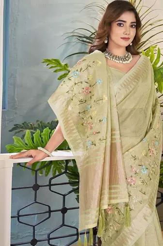 light_lime floral zari silk blend tussar saree