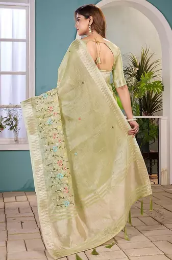 light_lime floral zari silk blend tussar saree