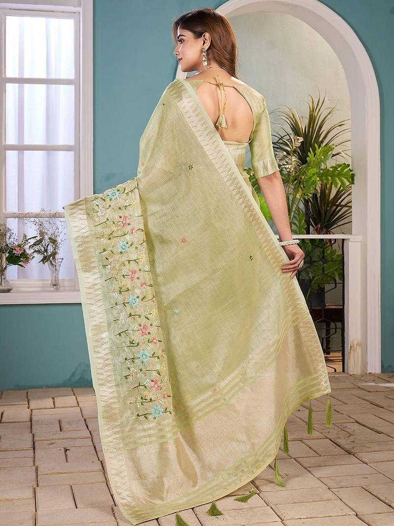 light_lime floral zari silk blend tussar saree