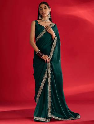 green embroidered satin saree 1