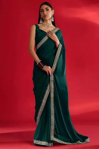 green embroidered satin saree