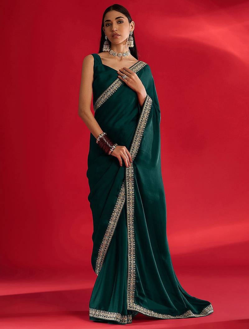green embroidered satin saree