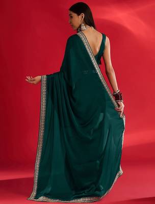 green embroidered satin saree 2