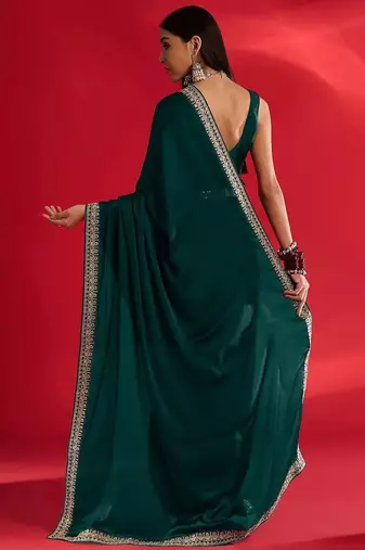 green embroidered satin saree