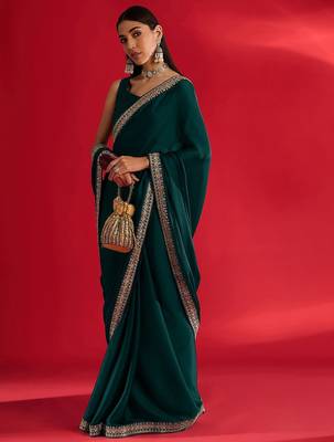 green embroidered satin saree 3