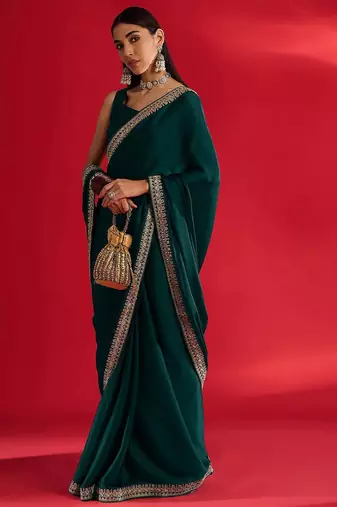 green embroidered satin saree