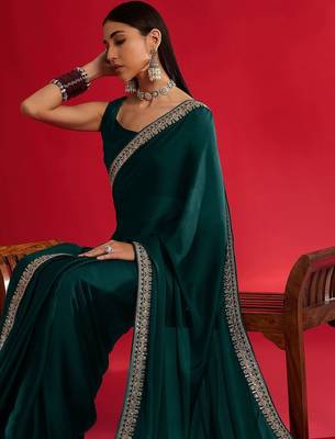 green embroidered satin saree 4