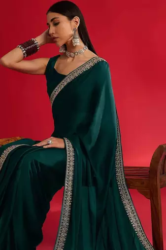 green embroidered satin saree