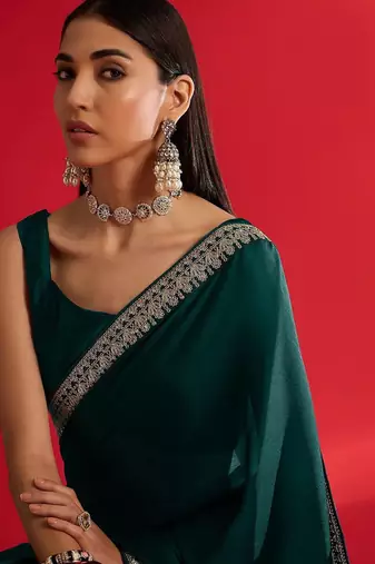 green embroidered satin saree