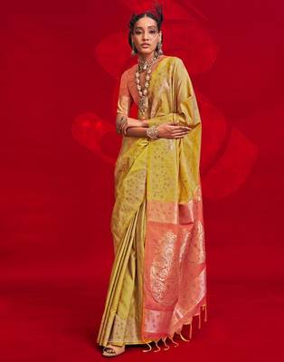 yellow woven design zari banarasi saree 1