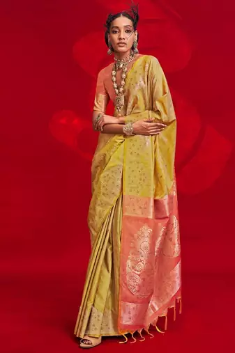 yellow woven design zari banarasi saree