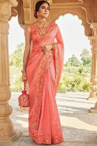 peach ethnic motifs embroidered embellished organza belted saree