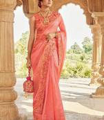 peach ethnic motifs embroidered embellished organza belted saree