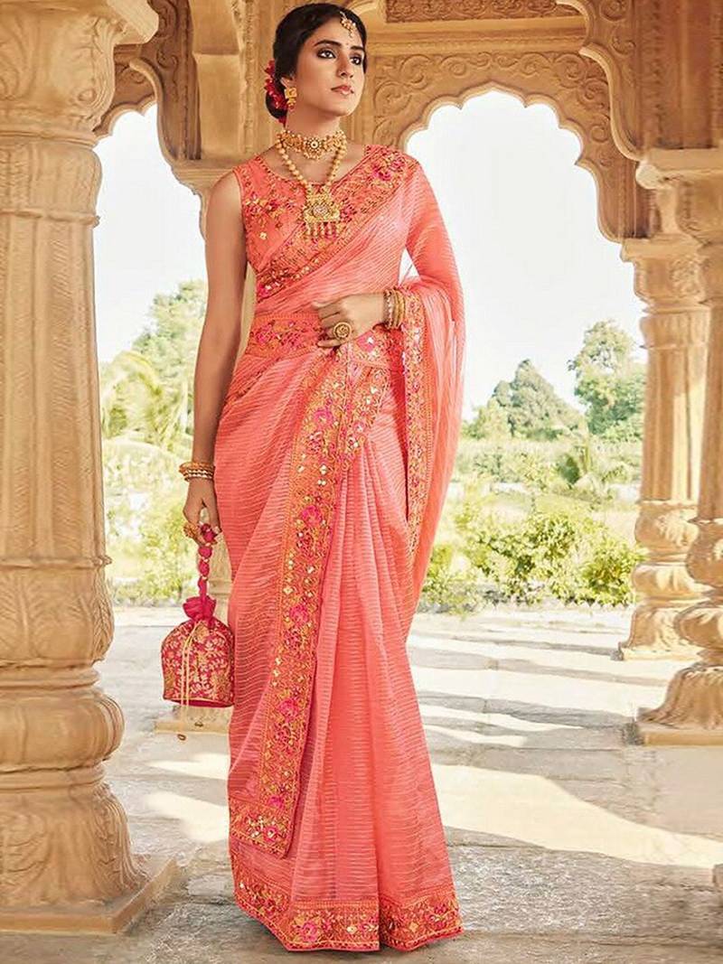 peach ethnic motifs embroidered embellished organza belted saree