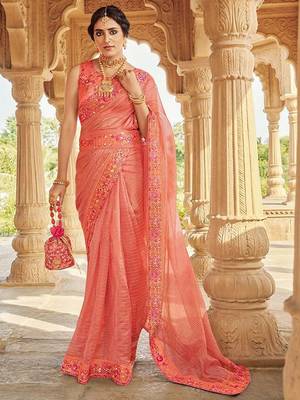 peach ethnic motifs embroidered embellished organza belted saree 2