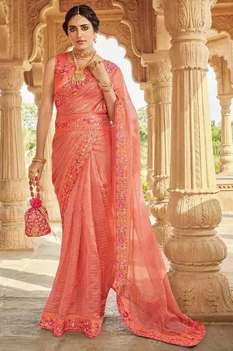 peach ethnic motifs embroidered embellished organza belted saree