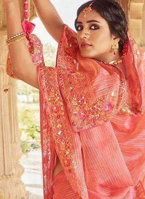 peach ethnic motifs embroidered embellished organza belted saree 3