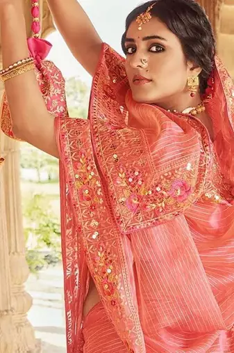 peach ethnic motifs embroidered embellished organza belted saree