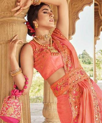 peach ethnic motifs embroidered embellished organza belted saree 4