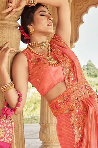 peach ethnic motifs embroidered embellished organza belted saree