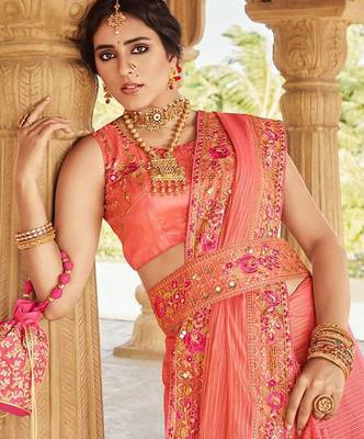 peach ethnic motifs embroidered embellished organza belted saree 5