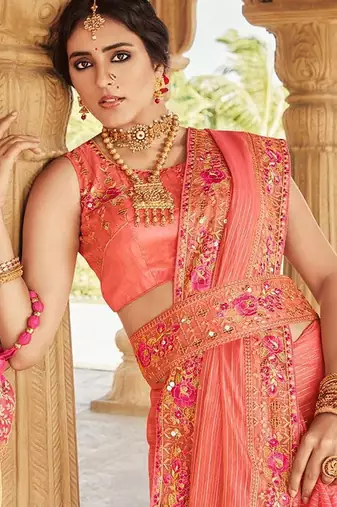 peach ethnic motifs embroidered embellished organza belted saree