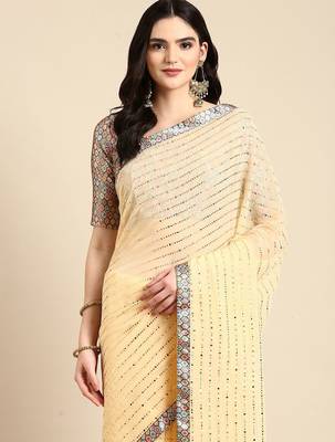 yellow embellished beads & stones pure georgette heavy work saree 2