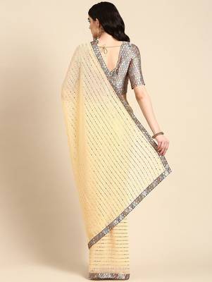 yellow embellished beads & stones pure georgette heavy work saree 3