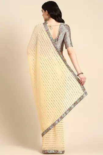 yellow embellished beads & stones pure georgette heavy work saree