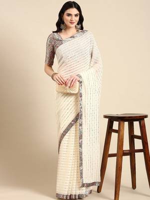 off_white embellished beads & stones pure georgette heavy work saree 1