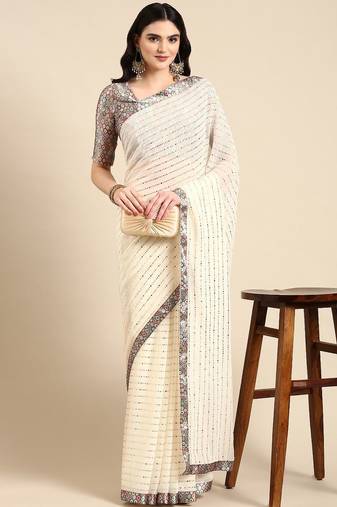 off_white embellished beads & stones pure georgette heavy work saree