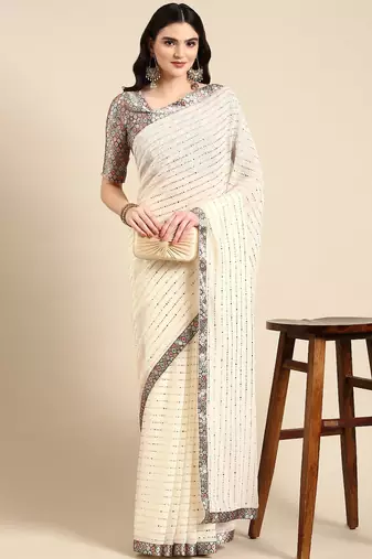 off_white embellished beads & stones pure georgette heavy work saree