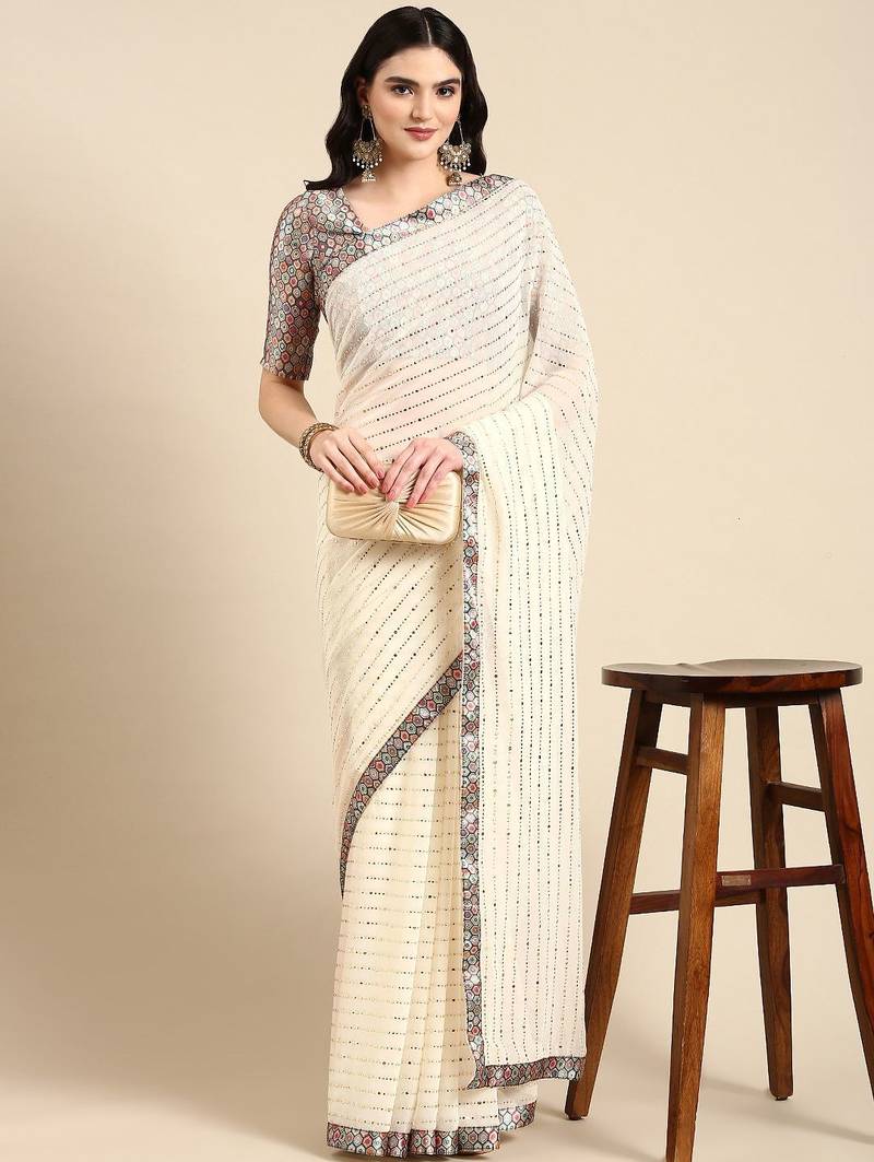 off_white embellished beads & stones pure georgette heavy work saree