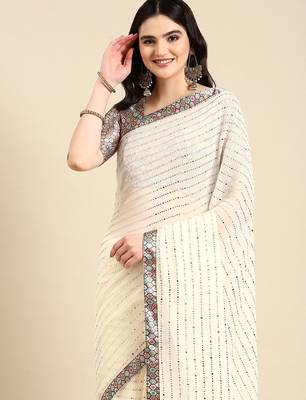 off_white embellished beads & stones pure georgette heavy work saree 2
