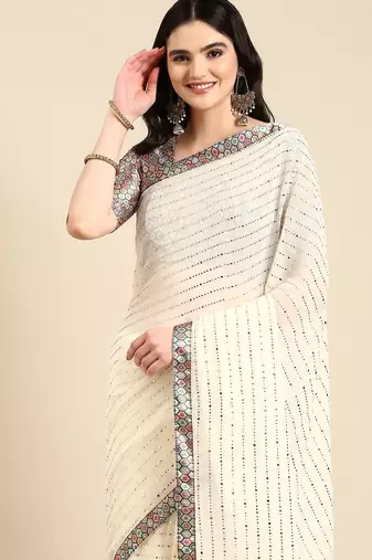 off_white embellished beads & stones pure georgette heavy work saree