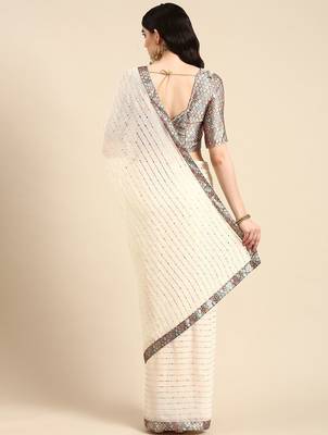 off_white embellished beads & stones pure georgette heavy work saree 3