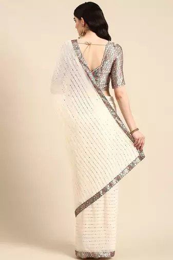 off_white embellished beads & stones pure georgette heavy work saree