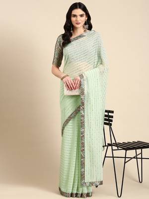 sea_green embellished beads & stones pure georgette heavy work saree 1