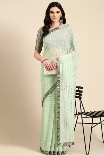 sea_green embellished beads & stones pure georgette heavy work saree