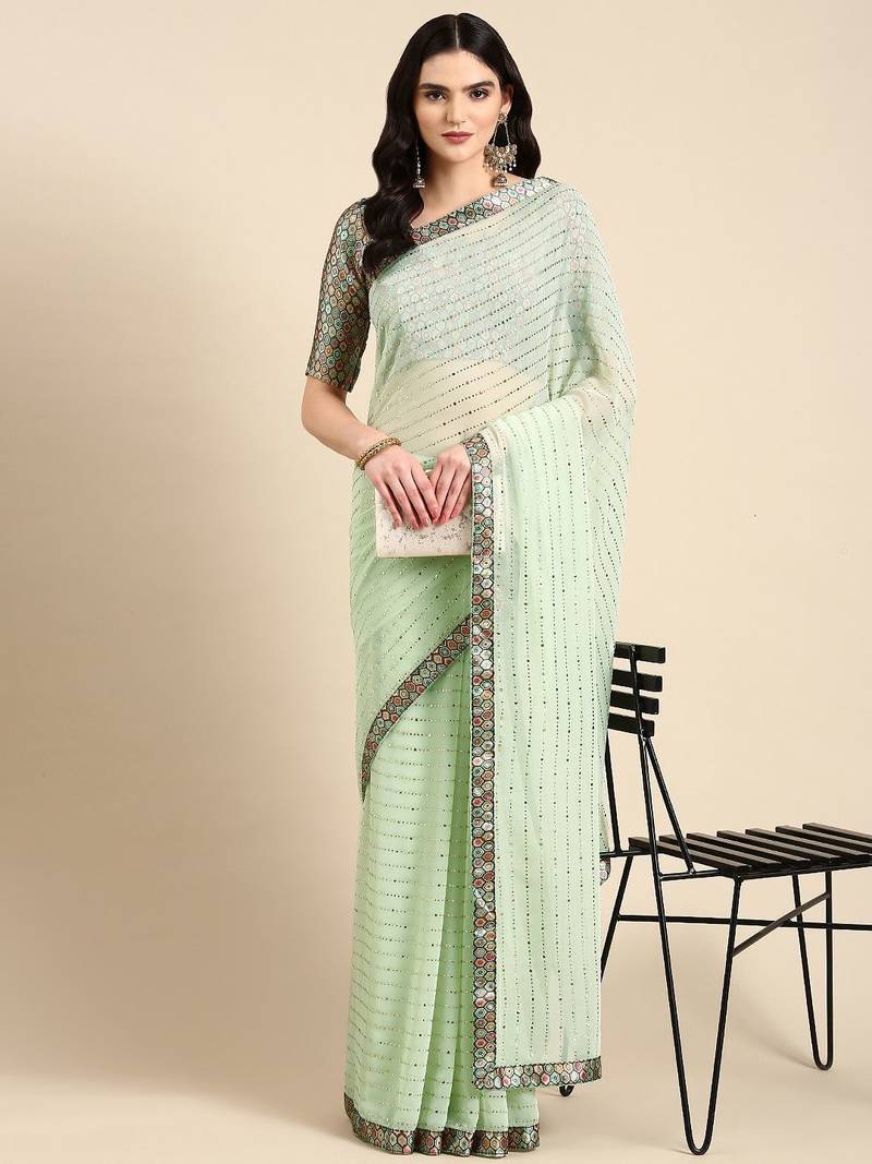 sea_green embellished beads & stones pure georgette heavy work saree