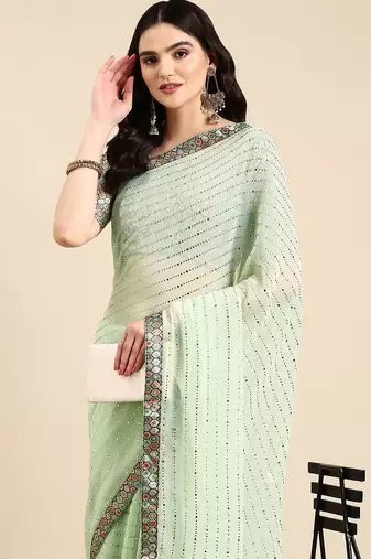sea_green embellished beads & stones pure georgette heavy work saree