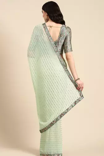 sea_green embellished beads & stones pure georgette heavy work saree
