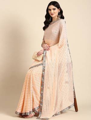 peach embellished beads & stones pure georgette heavy work saree 1