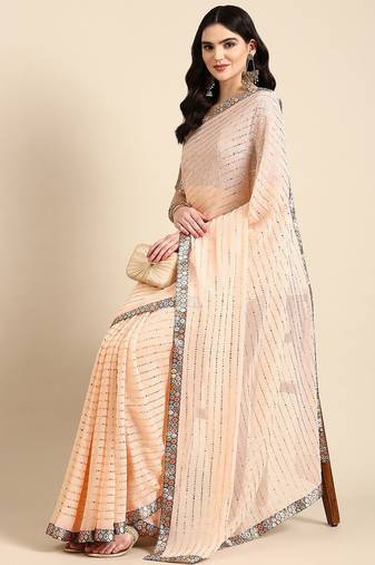peach embellished beads & stones pure georgette heavy work saree