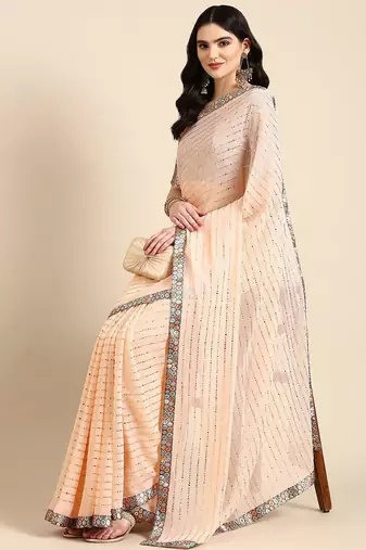 peach embellished beads & stones pure georgette heavy work saree