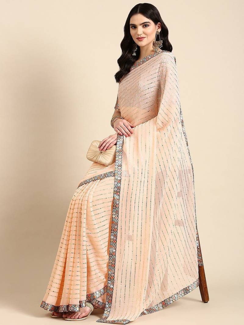 peach embellished beads & stones pure georgette heavy work saree