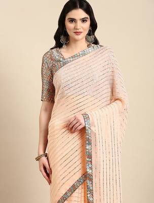 peach embellished beads & stones pure georgette heavy work saree 2